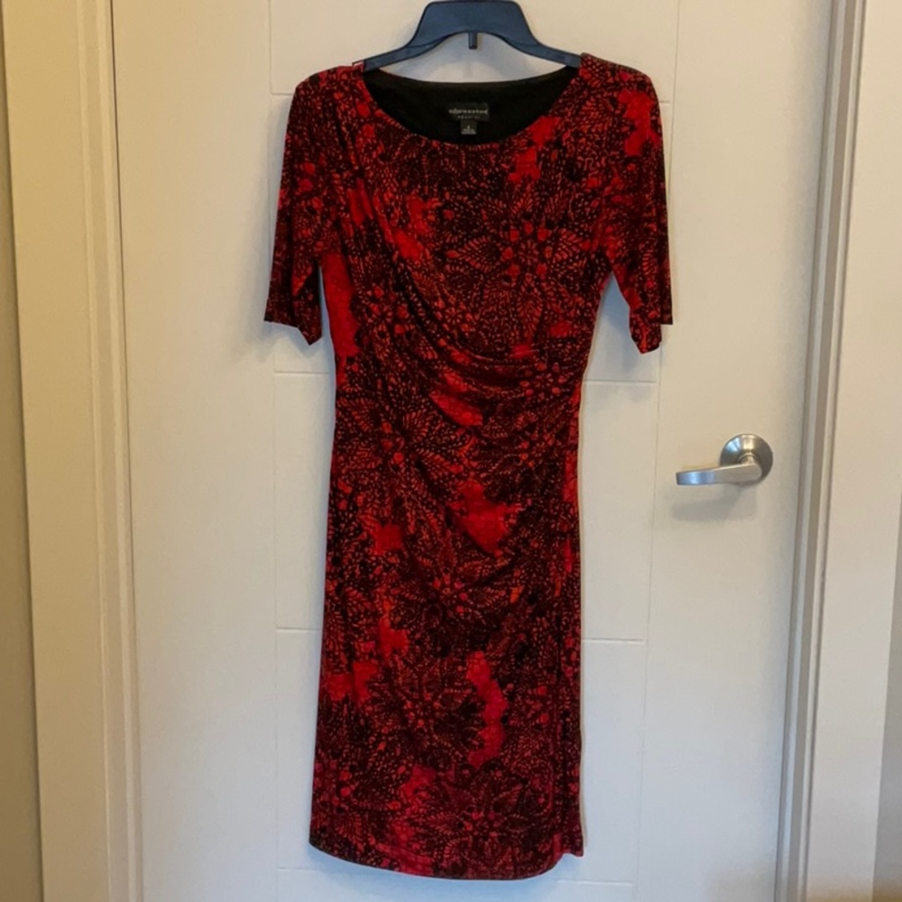 Connected Apparel Red & Black Career Formal Faux Wrap Dress, Size 6